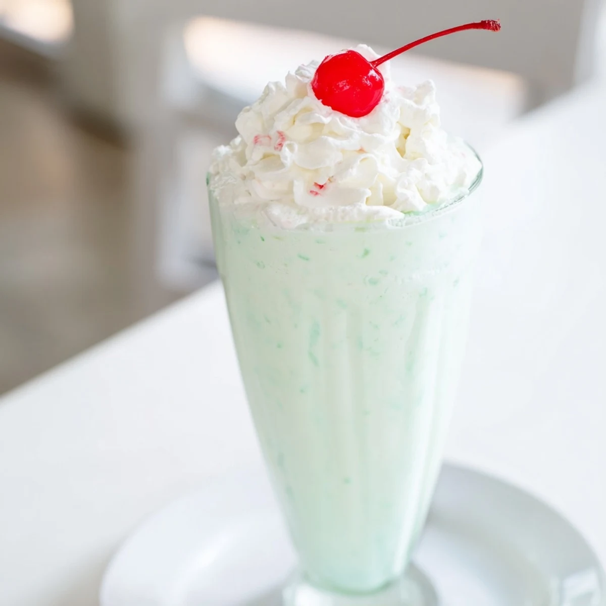 Refreshing mint milkshake served in a tall glass with a sweet red cherry garnish.