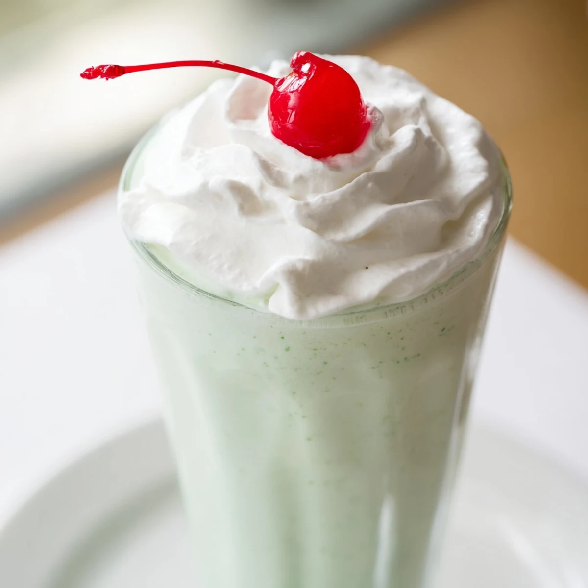 Creamy green mint milkshake with fluffy whipped cream and a bright maraschino cherry on top.