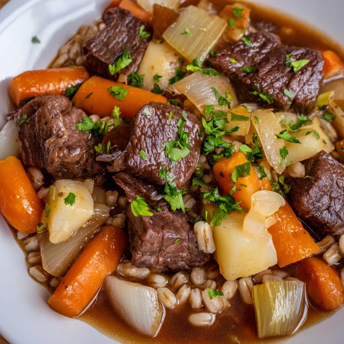 A bowl of Irish Stew with Beef and Barley garnished with fresh parsley, served hot alongside crusty bread for a cozy dinner.