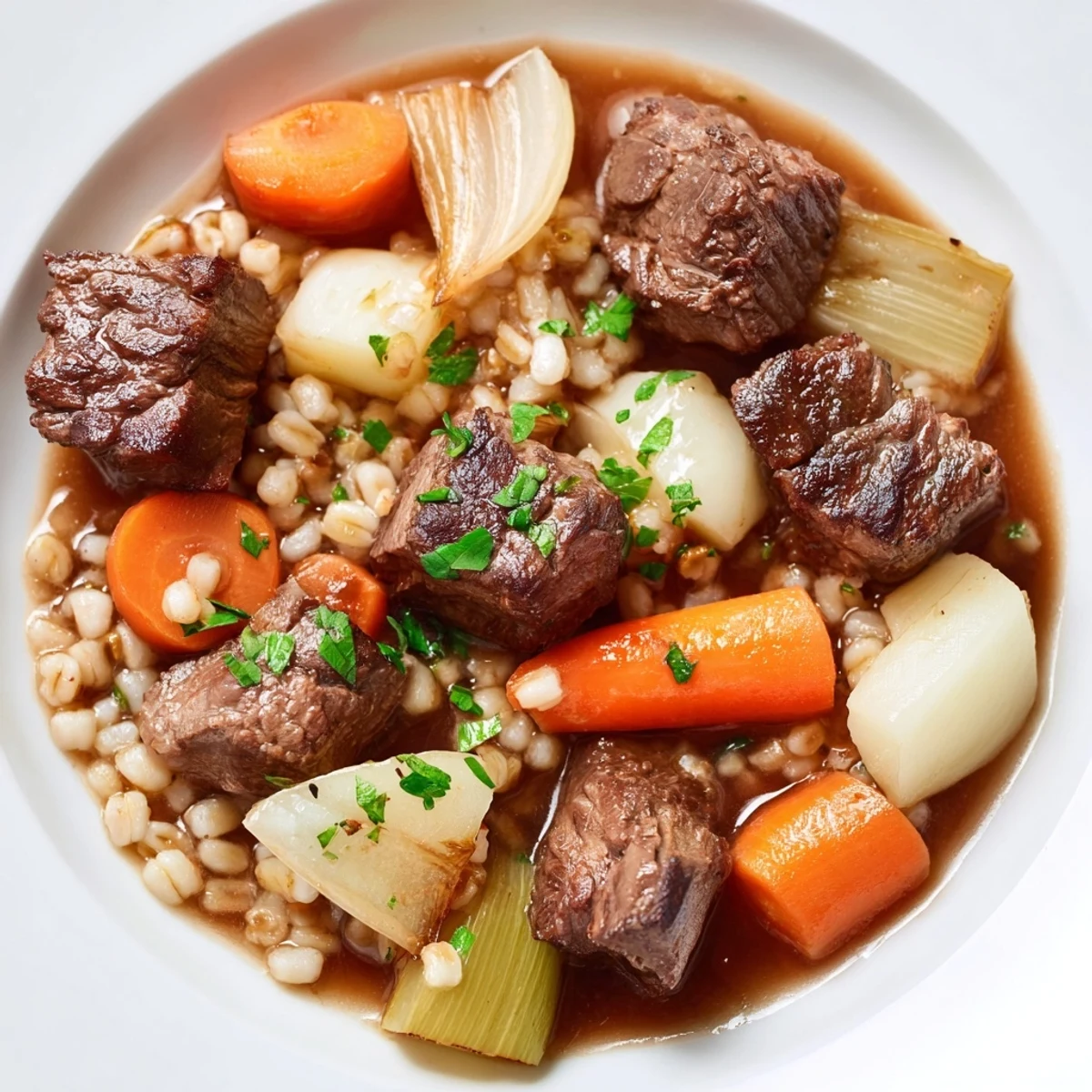 Close-up of Irish Stew with Beef and Barley showing fork-tender beef, diced potatoes, and carrots in a rich, brown broth.