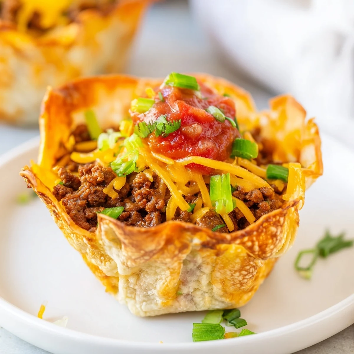 Crispy baked Taco Cups with Ground Beef and Cheese are topped with sour cream and green onions on a rustic wooden serving board.
