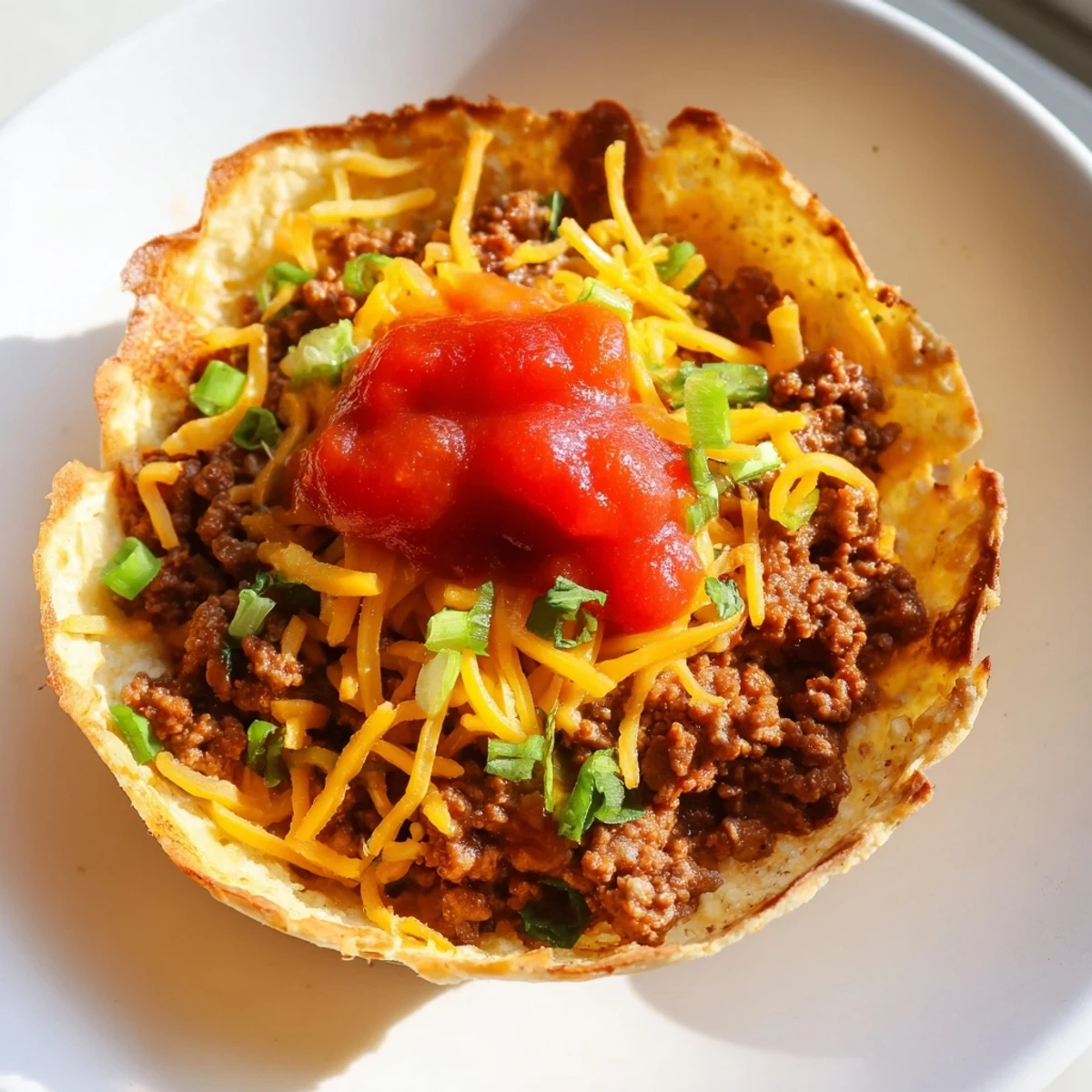 Golden Taco Cups with Ground Beef and Melty Cheese sit in a muffin tin, garnished with fresh cilantro and a side of salsa.
