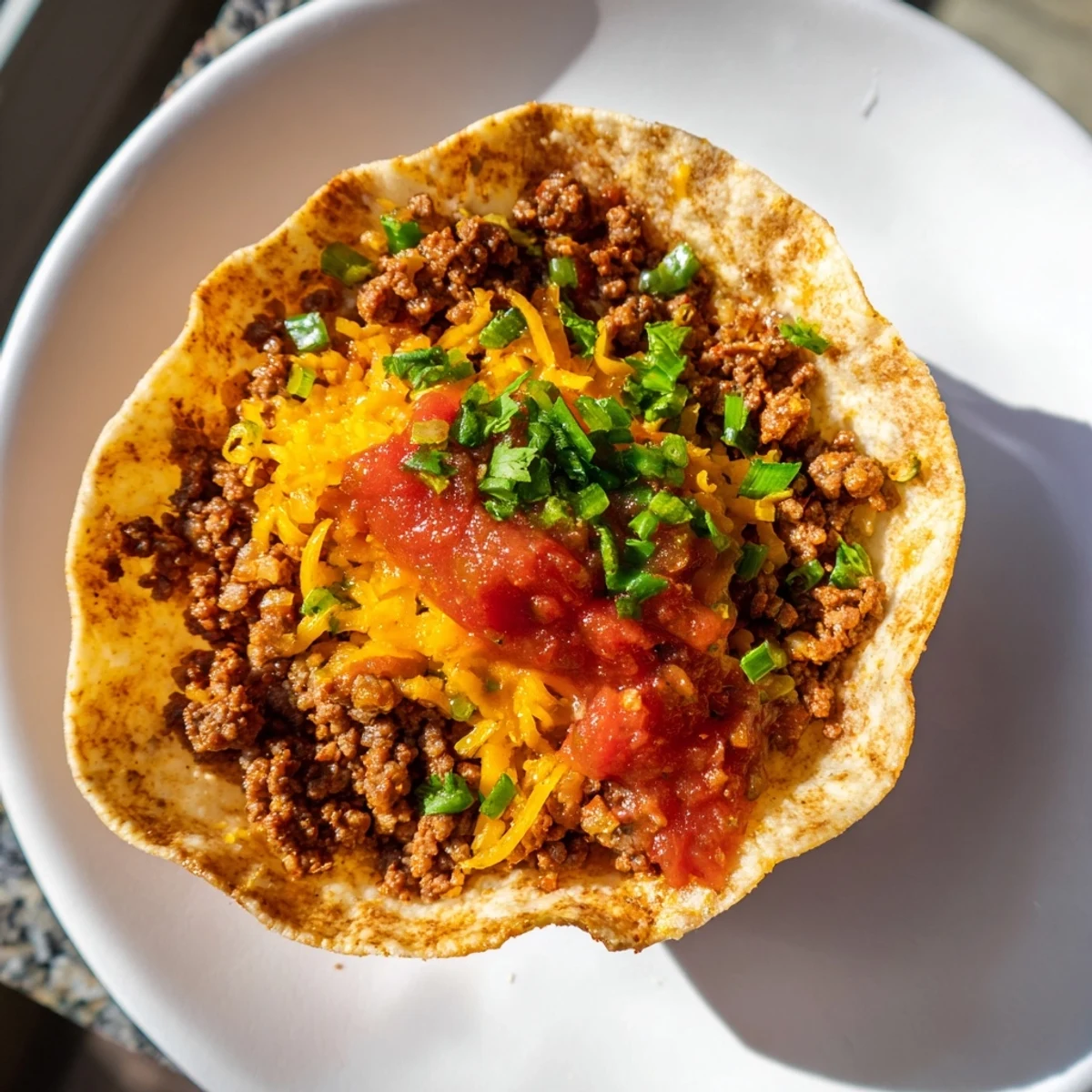 Freshly baked Taco Cups with Ground Beef and Cheese feature golden tortilla shells overflowing with savory beef and cheddar, served warm.
