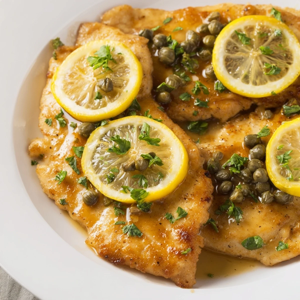 Golden-brown chicken piccata with capers and lemon, simmered in a tangy sauce garnished with fresh parsley.