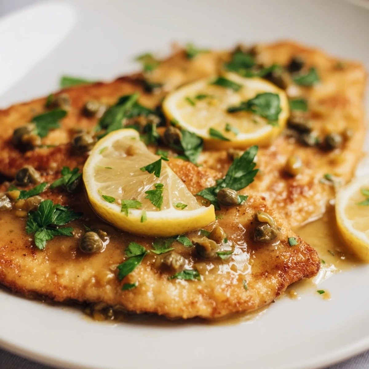 Sizzling skillet of chicken piccata, featuring pan-fried cutlets swimming in a zesty lemon-caper butter sauce.