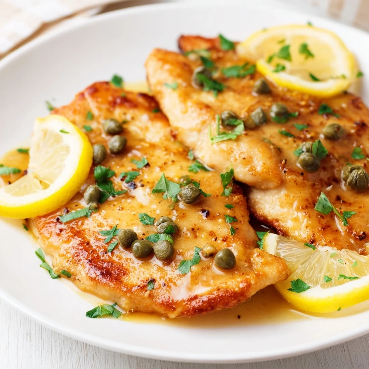 Tender chicken piccata plated with angel hair pasta, topped with bright lemon slices and briny capers.