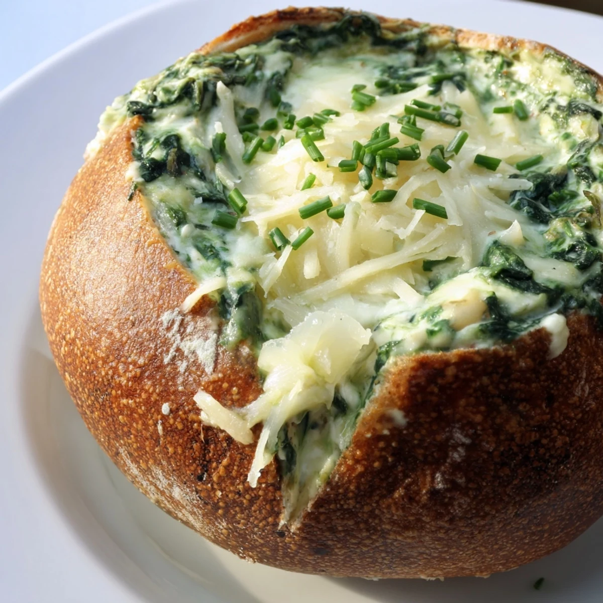 Golden, bubbly mozzarella tops the warm Spinach Dip served in a hollowed sourdough bread bowl, with fresh parsley garnish.