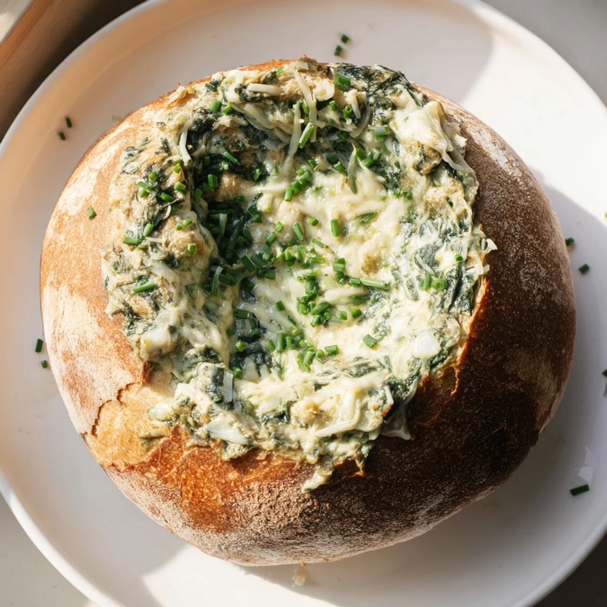 Close-up of creamy Spinach Dip in a crusty sourdough bread bowl, featuring a golden Parmesan cheese crust and chives on top.