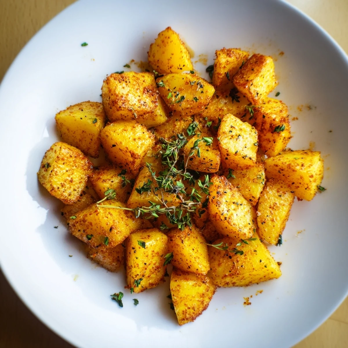 Golden brown Cajun Spiced Roasted Potatoes with Herbs served in a white ceramic bowl, ready to eat.