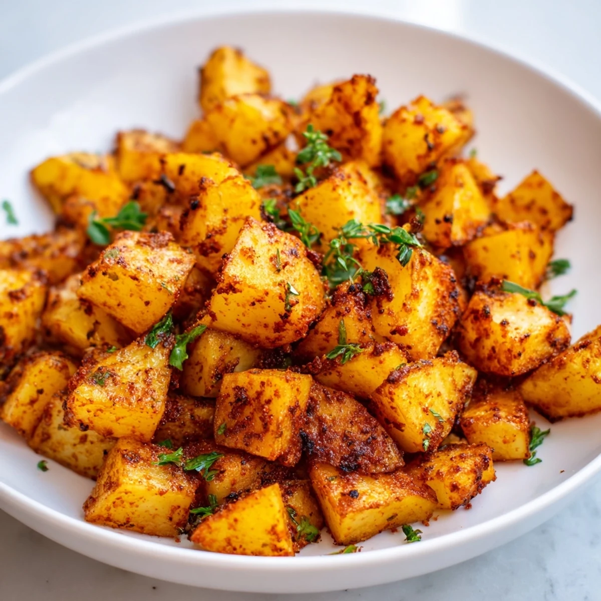 Rustic plate of Cajun Spiced Roasted Potatoes with Herbs, garnished with fresh parsley and thyme.