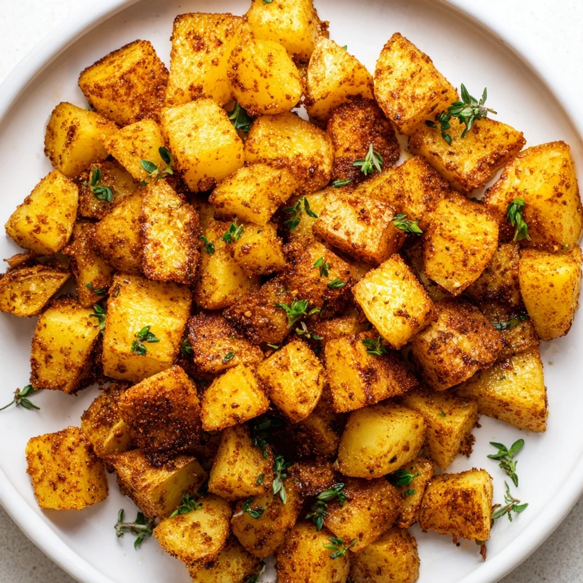 Freshly roasted Cajun Spiced Roasted Potatoes with Herbs on a baking sheet, coated in bold spices.