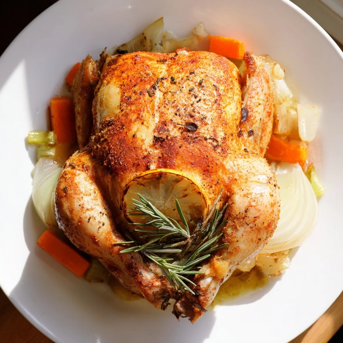 Golden roasted chicken with lemon and herbs rests on a bed of caramelized carrots and onions, its skin glistening and aromatic.  