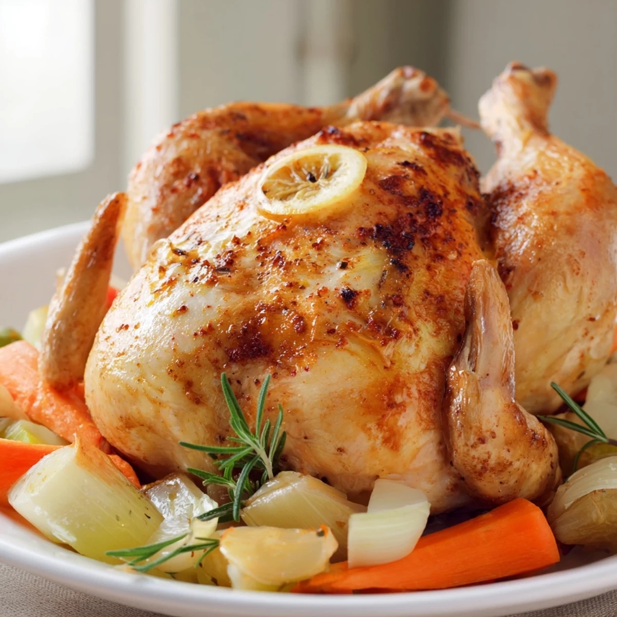 Fresh rosemary sprigs and lemon wedges garnish this succulent roasted chicken, served alongside golden-brown root vegetables.  