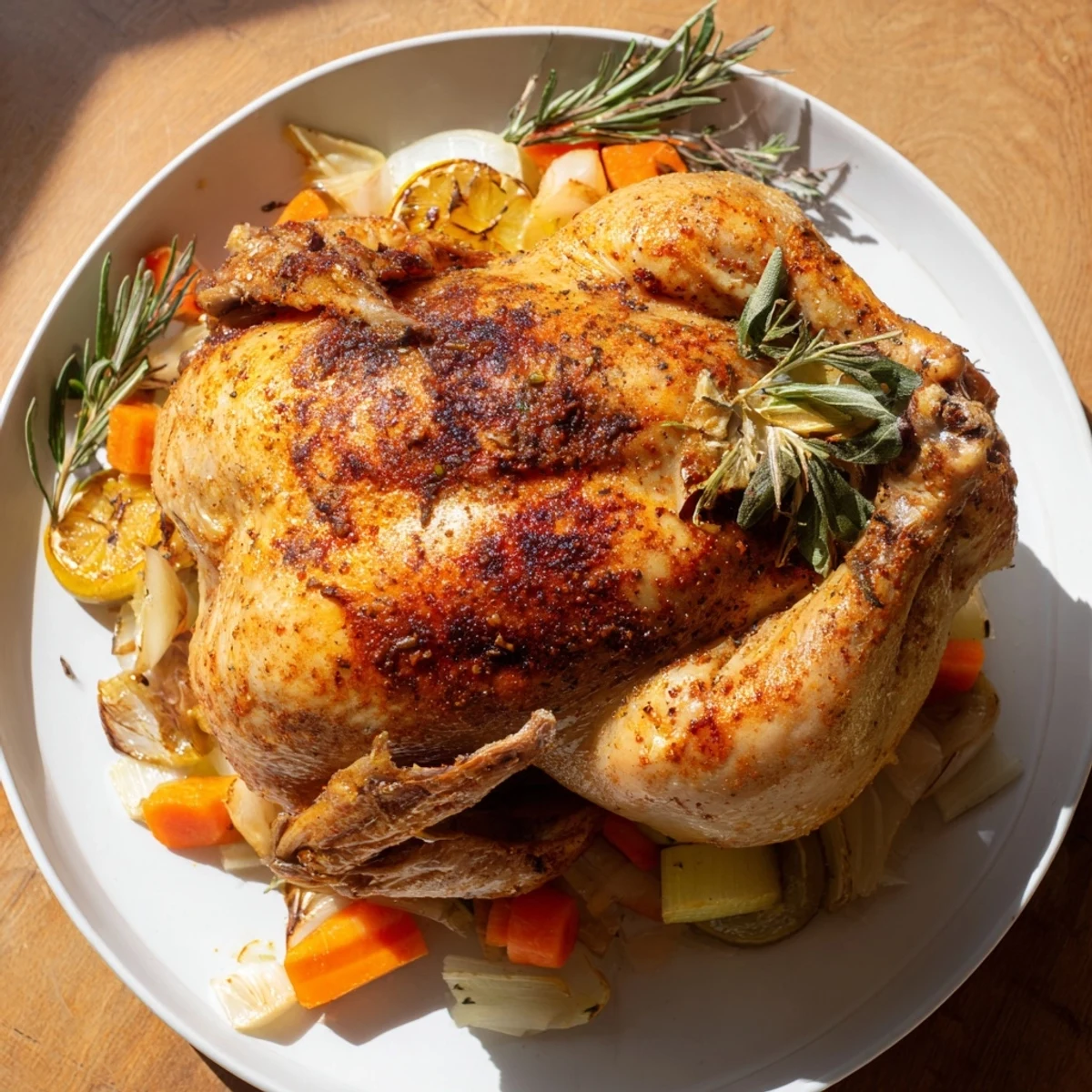 A rustic pan showcases the roasted chicken with lemon and herbs, with steam rising from its juicy, tender meat.