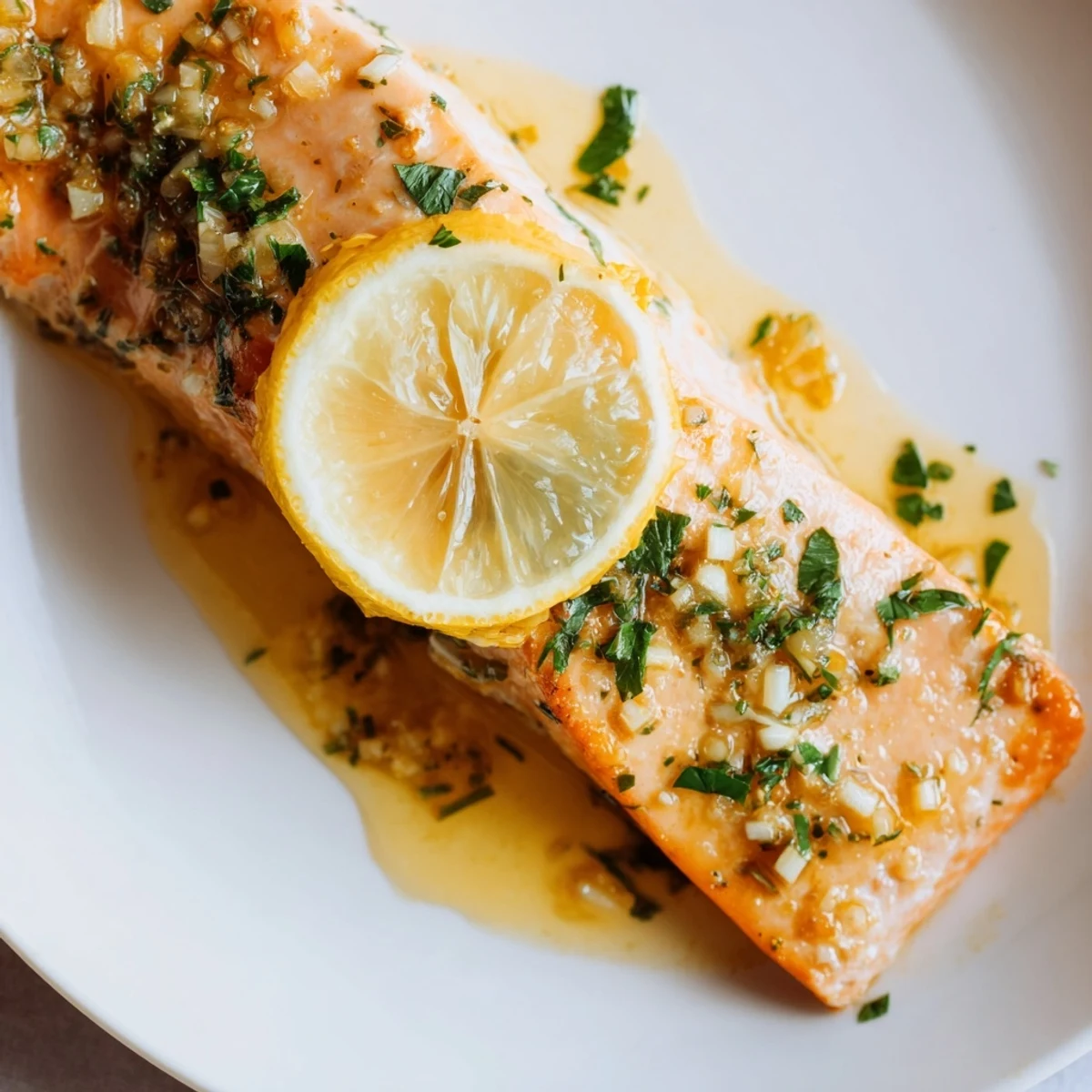 Golden-brown baked Lemon Garlic Butter Salmon fillets glistening with melted butter and fresh parsley garnish.  
