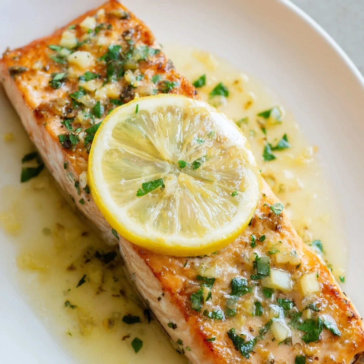 Lemon Garlic Butter Salmon fresh from the oven, flaky and tender beside roasted asparagus and rice.  