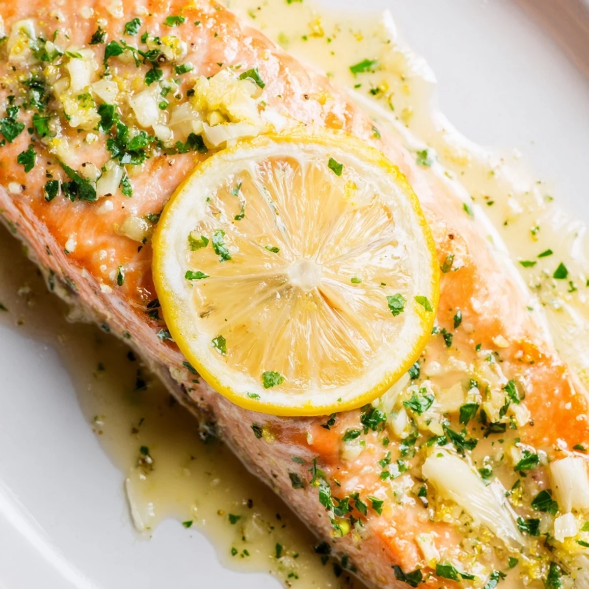 Perfectly baked Lemon Garlic Butter Salmon with aromatic garlic and zesty lemon slices, ideal for a weeknight dinner.