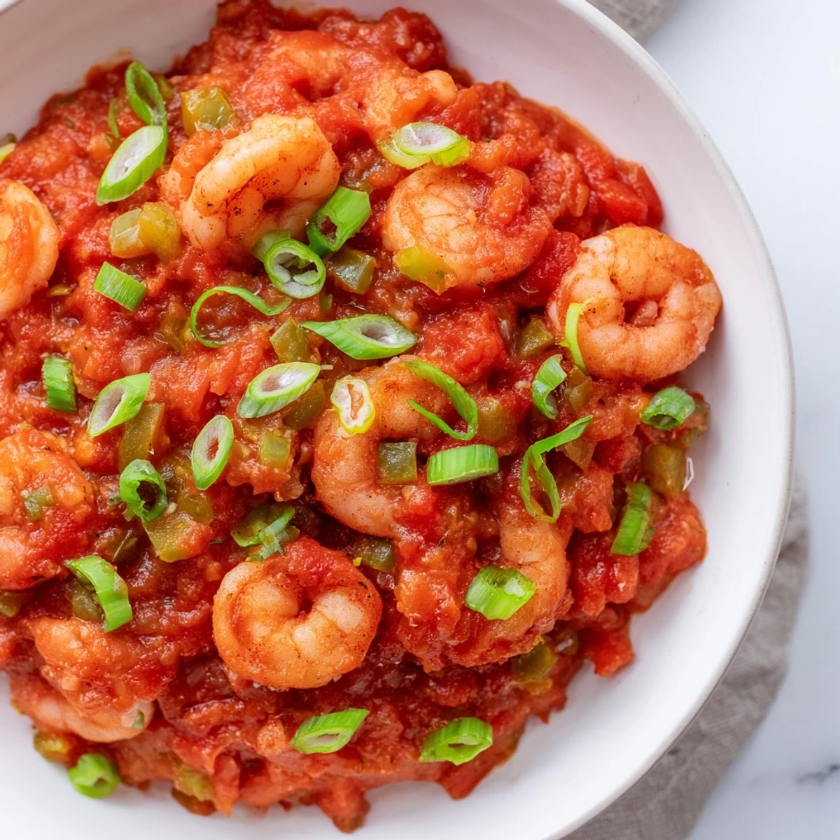 A close-up of Mardi Gras Shrimp Creole, featuring pink shrimp in a rich, zesty tomato sauce with diced peppers and onions, served over steaming white rice.