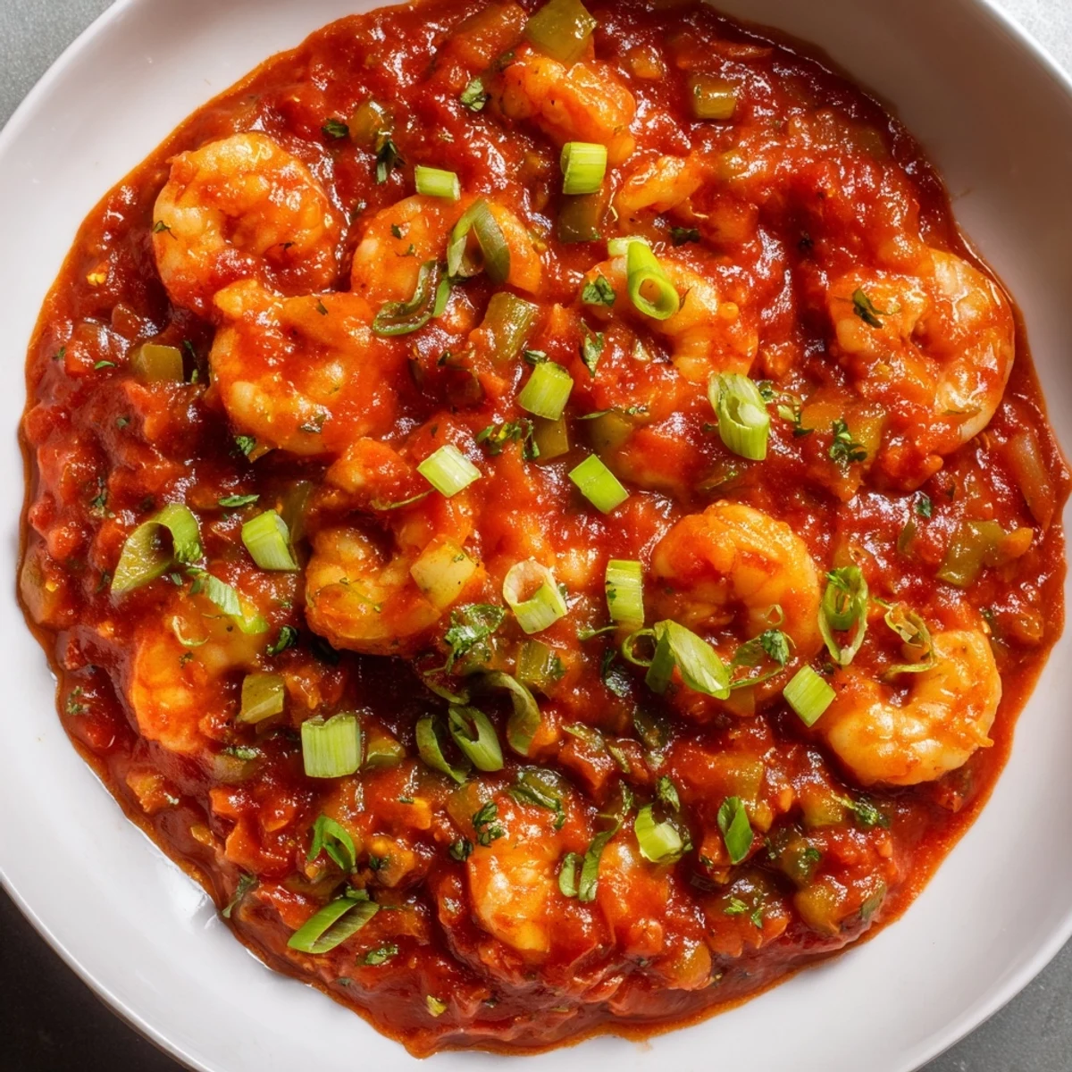 Steaming bowl of Mardi Gras Shrimp Creole, a spicy Louisiana classic, garnished with fresh green onions and parsley, ready to enjoy on a festive table.