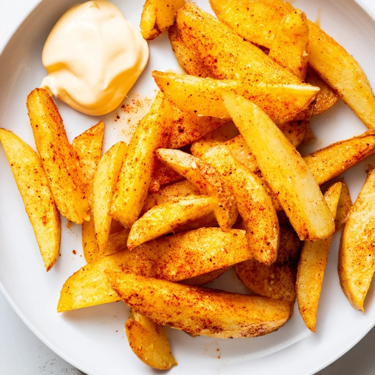 A close-up view of oven-baked Cajun Spiced Fries with Spicy Mayo, garnished with fresh herbs.  