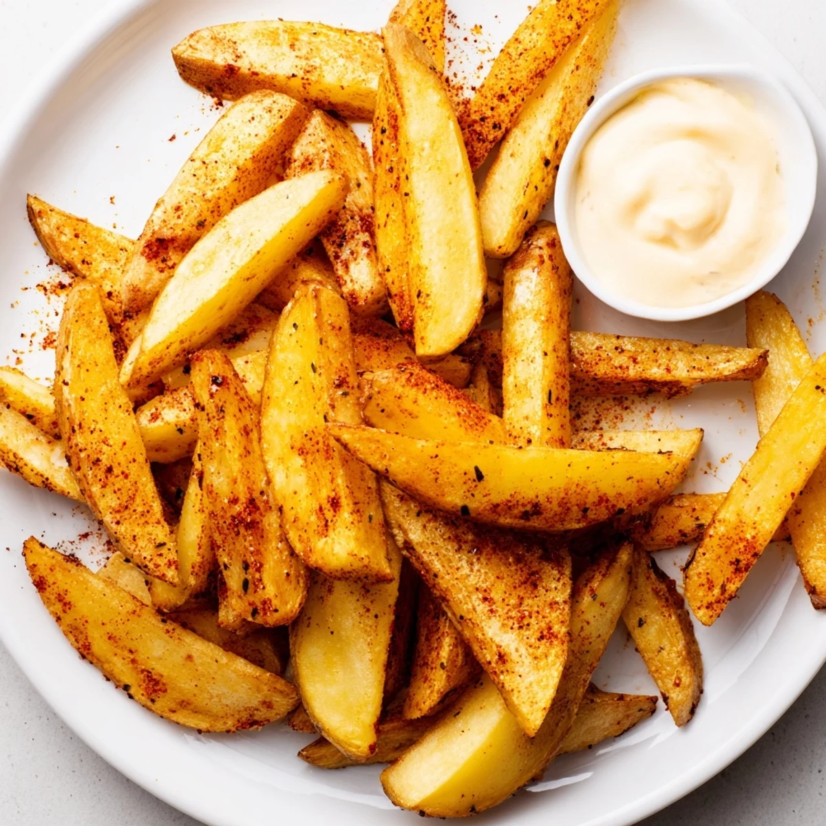 Golden-brown Cajun Spiced Fries with Spicy Mayo are served hot and crispy, ready for dipping.  