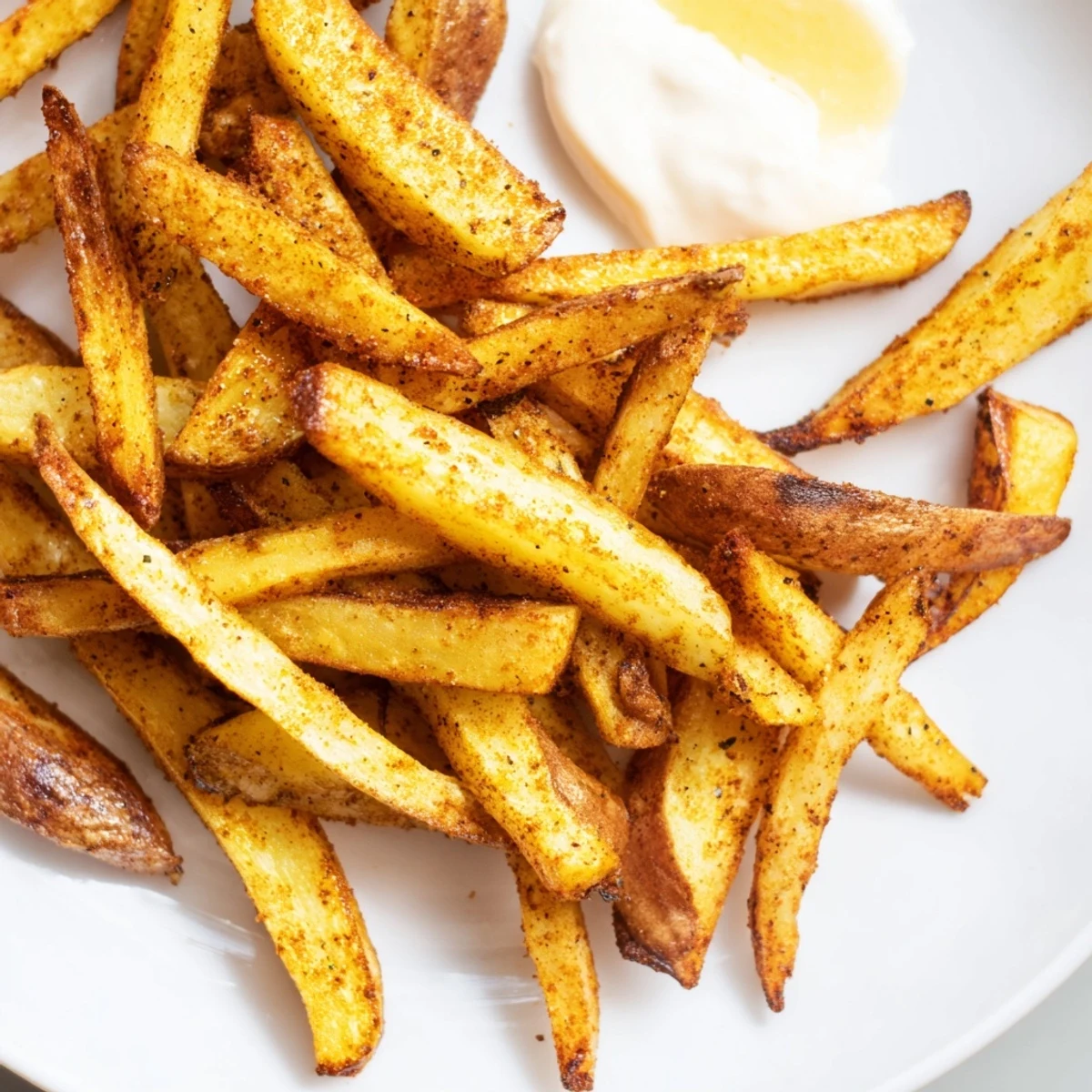 Cajun Spiced Fries with Spicy Mayo are arranged on a plate, perfect for a snack or side.