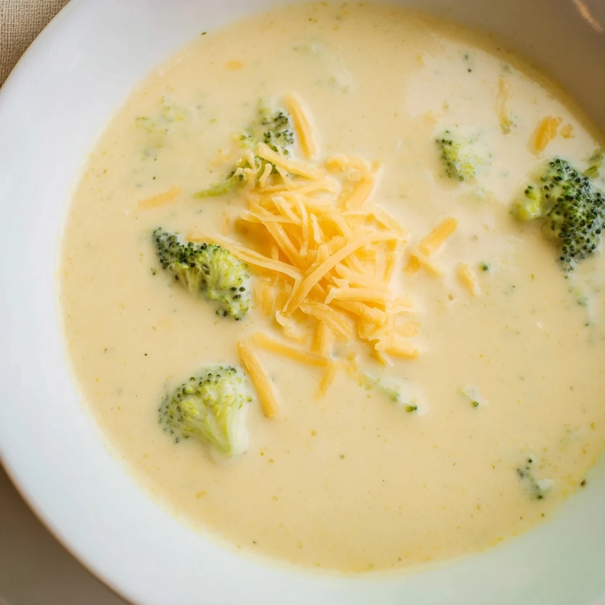 Creamy broccoli cheddar soup in a rustic bowl, topped with extra melted cheddar and served alongside warm crusty bread for dipping.