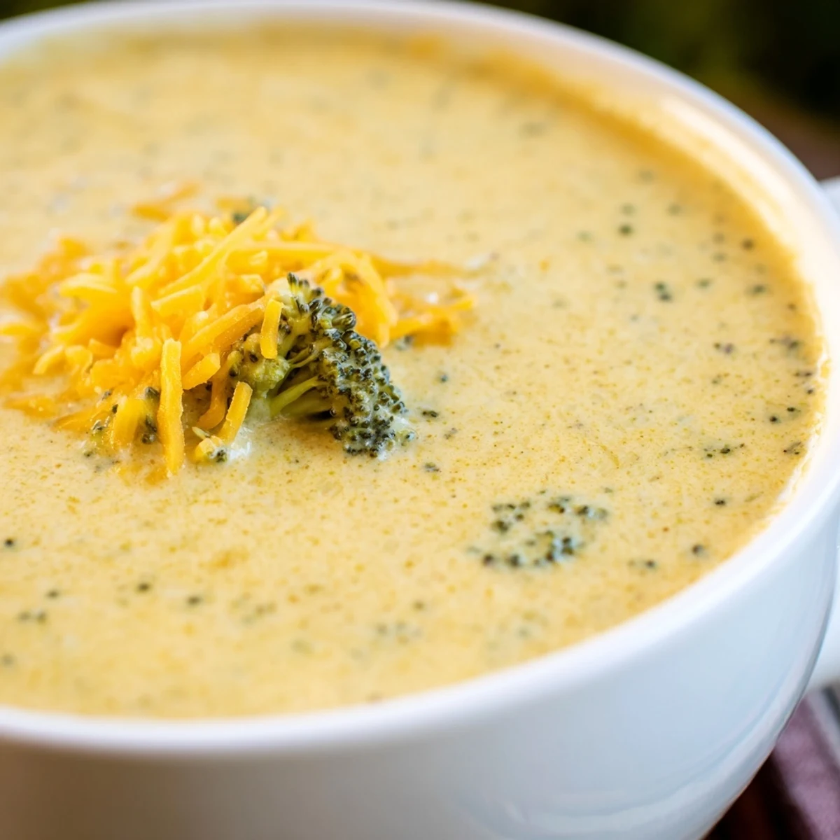 A pot of freshly blended creamy broccoli cheddar soup, with vibrant green florets and a velvety, golden-orange cheese texture.