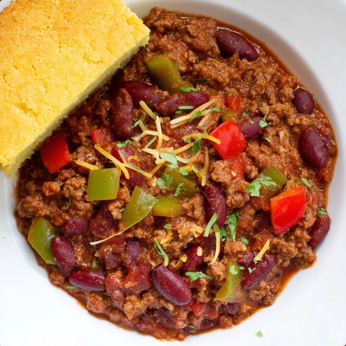 Hearty beef and bean chili simmered with spices, paired with golden, crumbly cornbread for a comforting dinner.