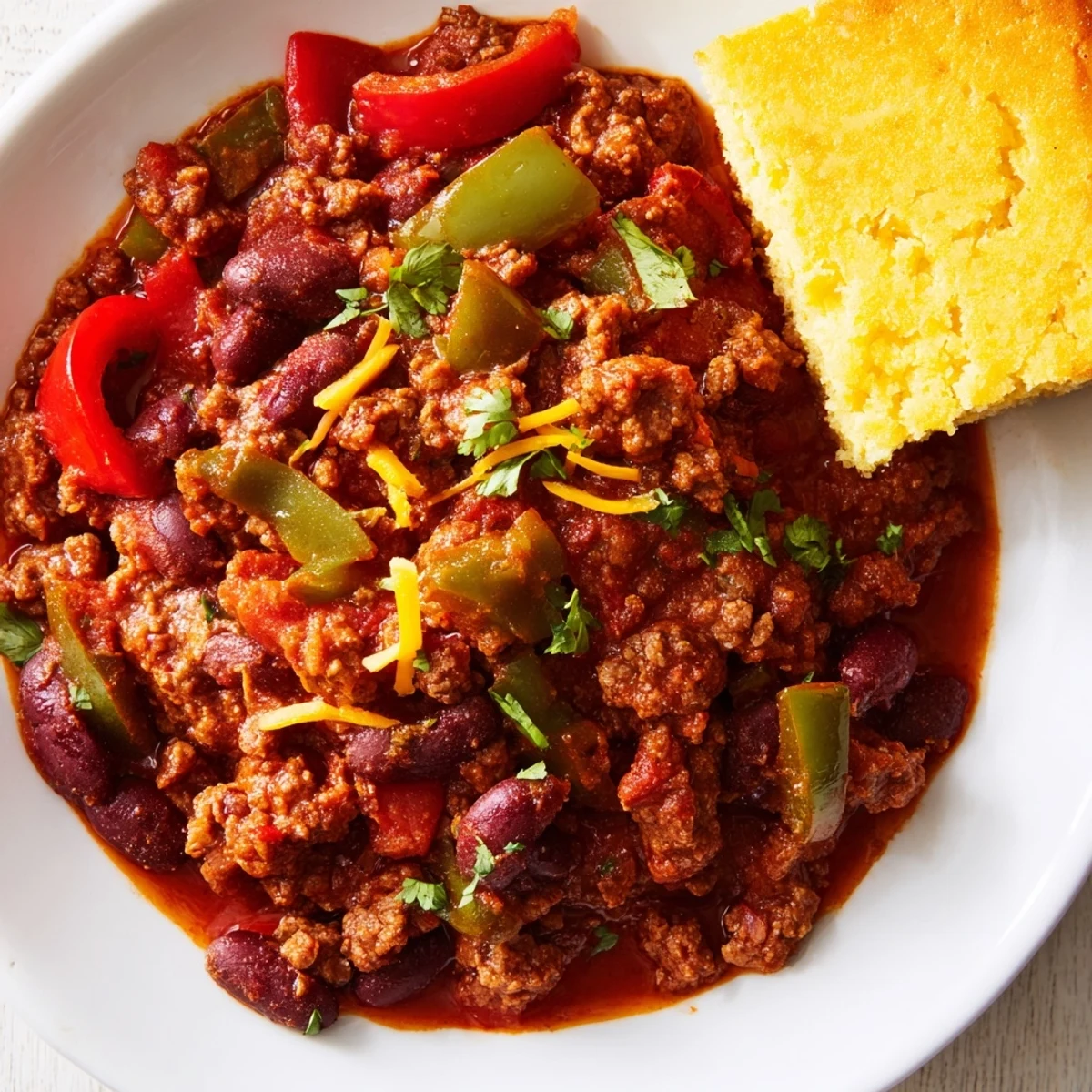 Steaming bowl of beef and bean chili garnished with cheese, beside a square of freshly baked cornbread.
