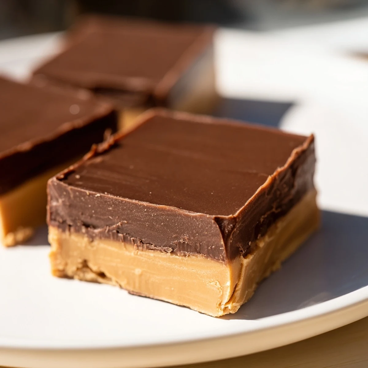 Decadent Chocolate Peanut Butter Fudge squares with a smooth, glossy chocolate top and a creamy peanut butter center.