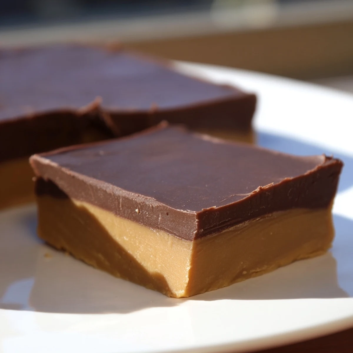A close-up of homemade Chocolate Peanut Butter Fudge showing the layered textures on a rustic wooden table.