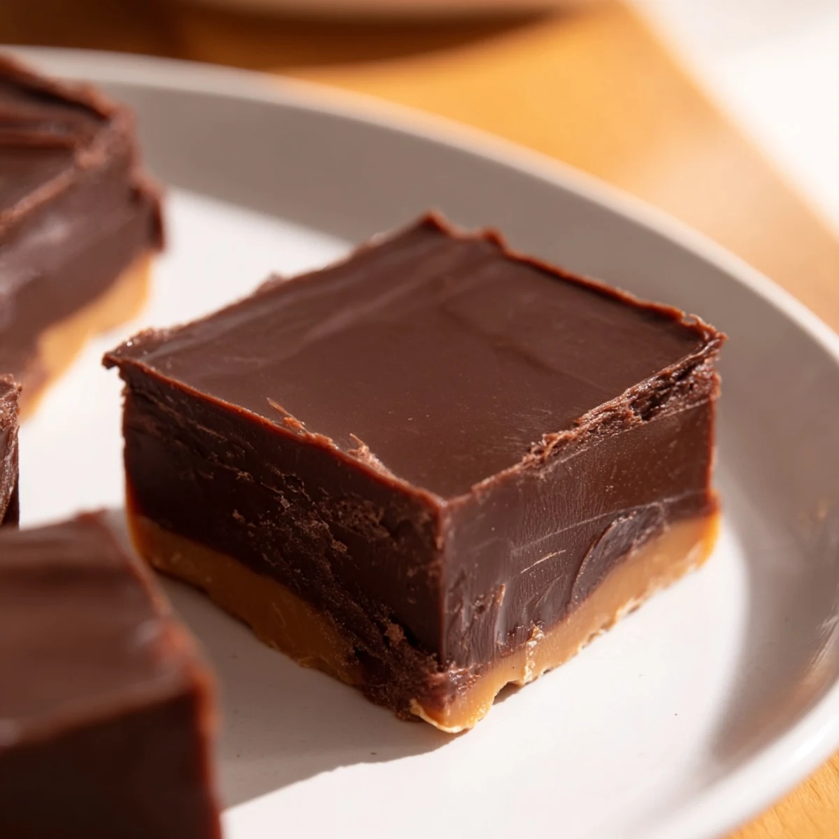 Rich Chocolate Peanut Butter Fudge squares stacked on a plate, ready to be enjoyed with a glass of cold milk.