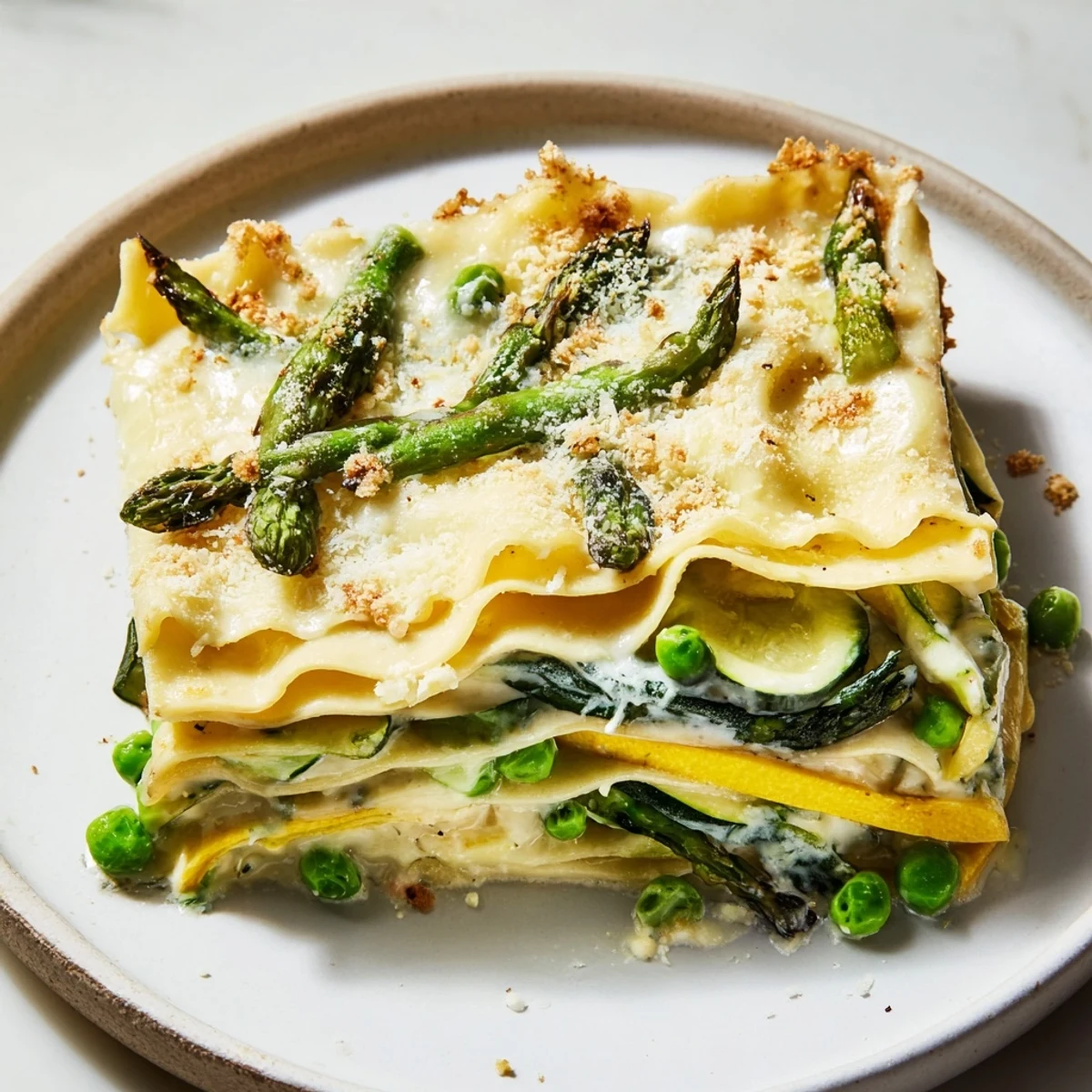 This hearty Spring Vegetable Lasagna with White Sauce features a golden, cheesy top crust revealing green peas and spinach peeking through the creamy layers.