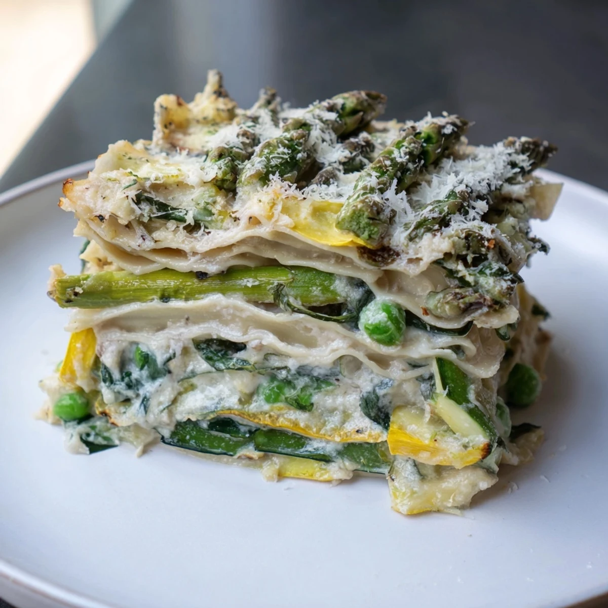 A close-up of a slice of Spring Vegetable Lasagna with White Sauce highlights its cheesy, creamy interior and colorful spring vegetables nestled between pasta noodles.