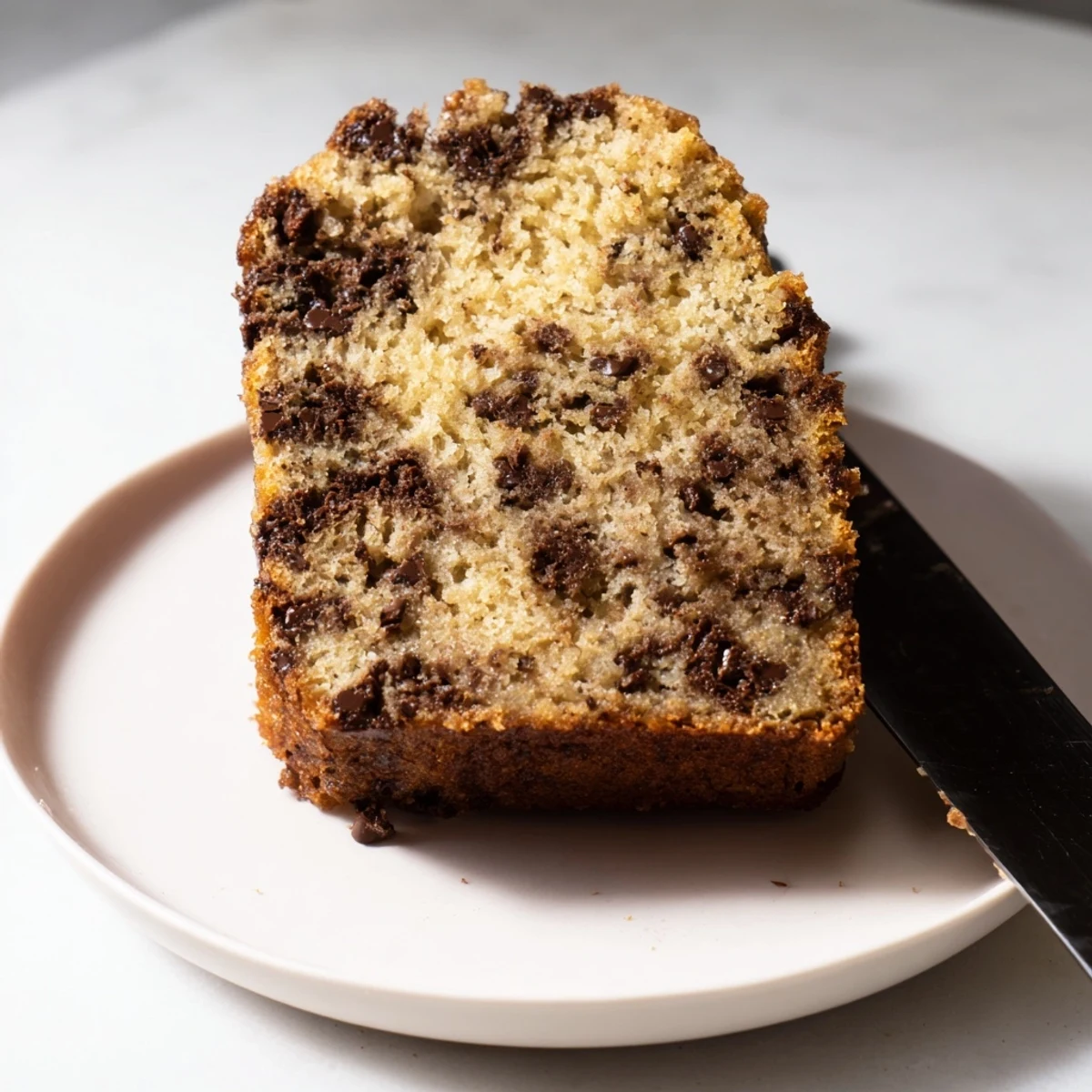 A thick slice of moist chocolate chip banana bread with melted chocolate pools and golden crust.