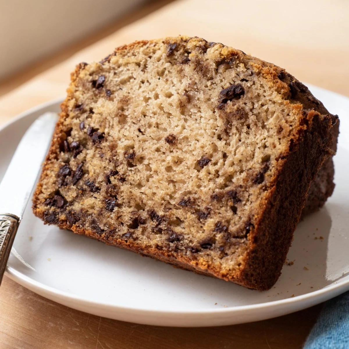 Golden chocolate chip banana bread with walnuts, sliced on a wooden board for breakfast.