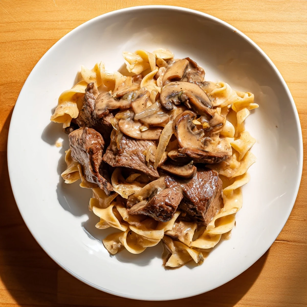 Hearty Beef Stroganoff with Mushroom Gravy featuring tender beef strips in a creamy sauce on a fork.