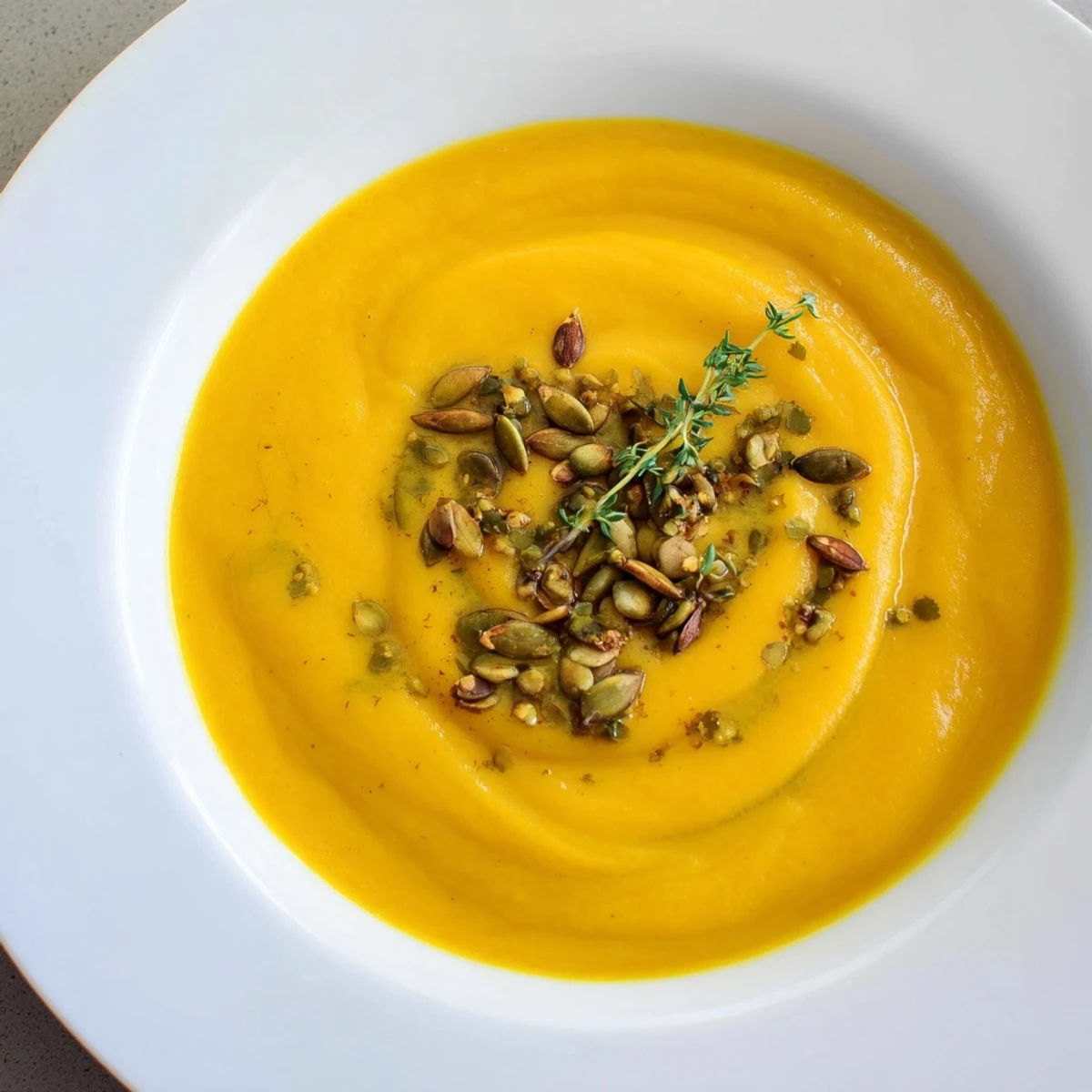 Steaming bowl of Winter Squash Soup with Apple garnished with thyme and pumpkin seeds.