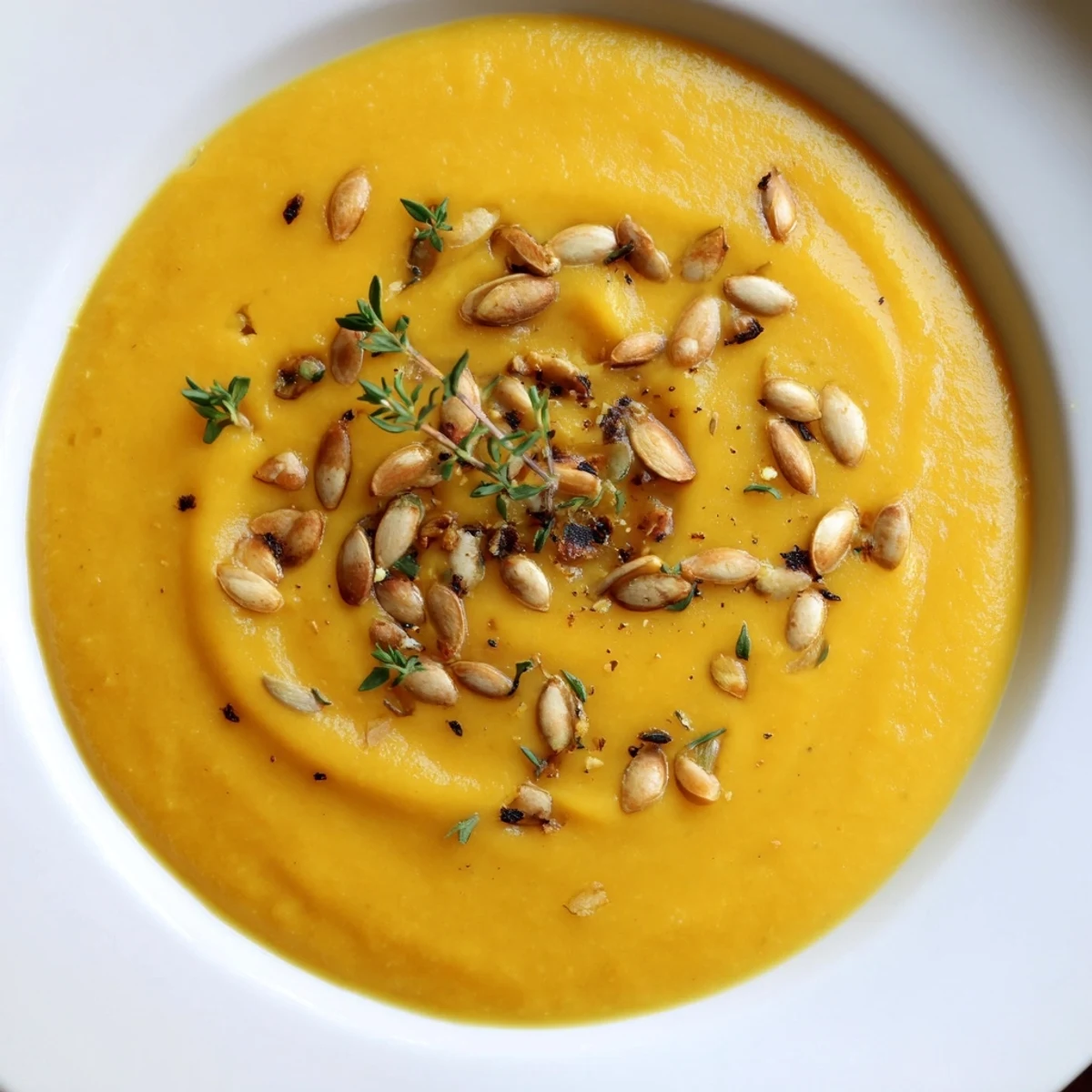 Cozy spoonful of creamy Winter Squash Soup with Apple served in a rustic mug.