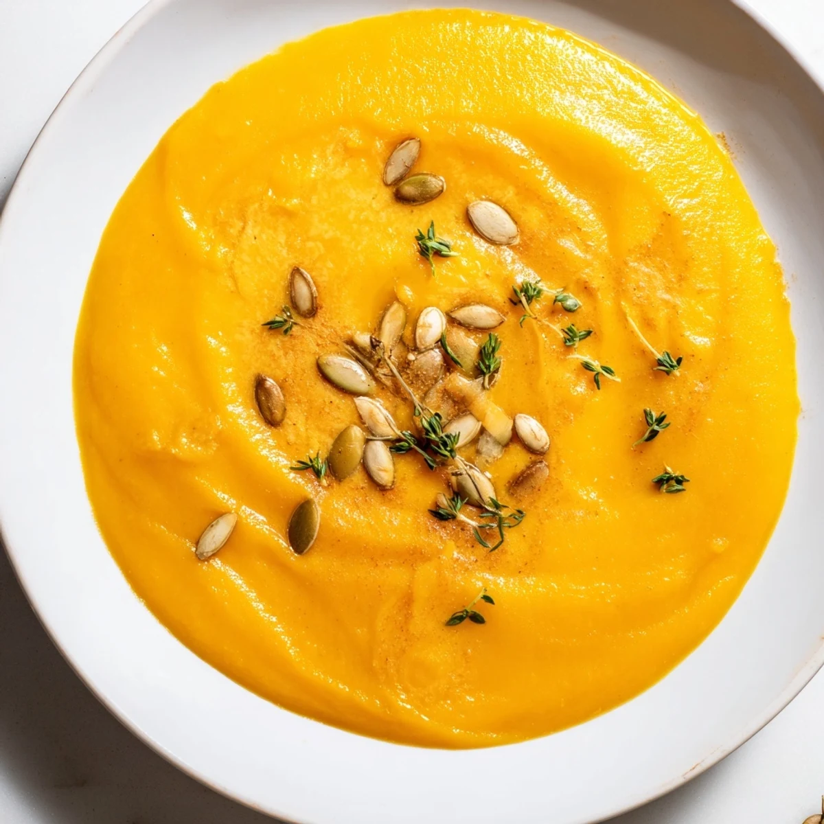 Velvety orange Winter Squash Soup with Apple next to crusty gluten-free bread slices.