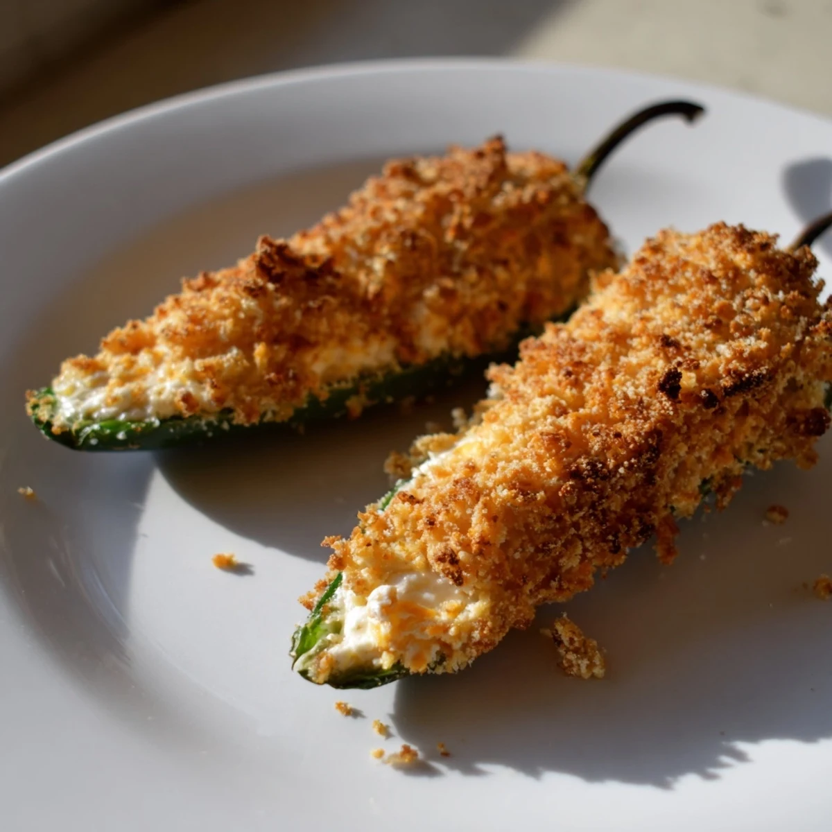 Close-up of baked Spicy Jalapeno Poppers with Cream Cheese showing melted filling and crispy breadcrumb crust.