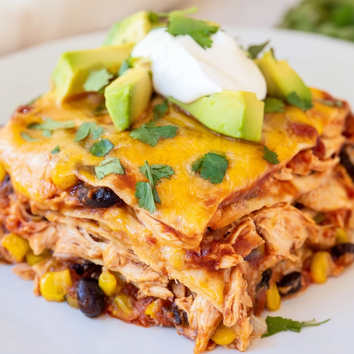 Layers of shredded chicken and corn tortillas in the Chicken Enchilada Casserole with Cheese.