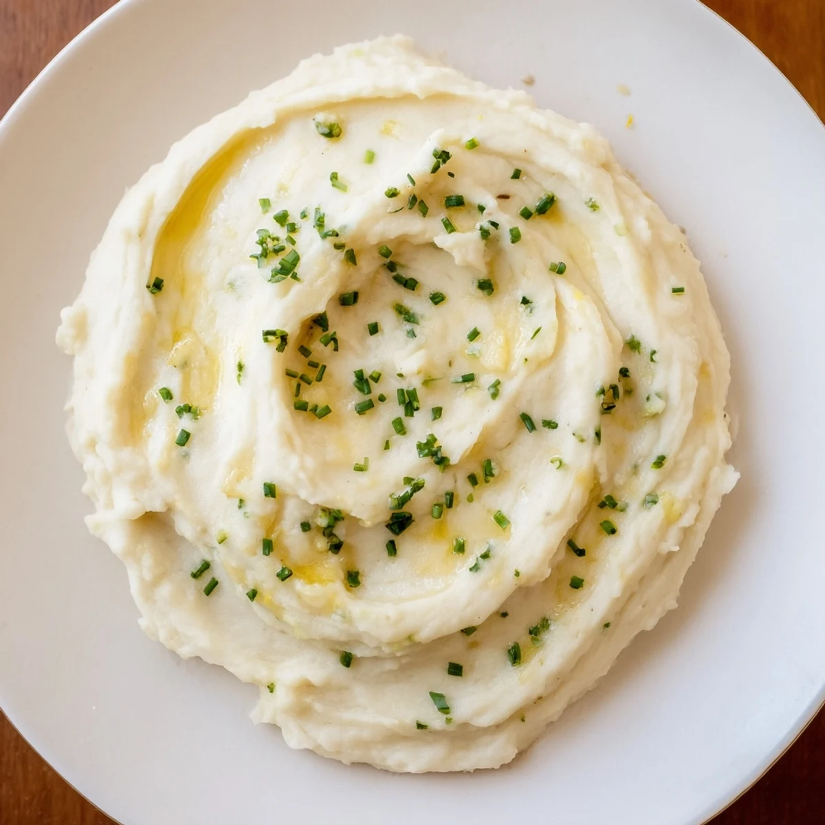 Roasted garlic mashed cauliflower garnished with chopped chives on a wooden table, a low carb side dish.