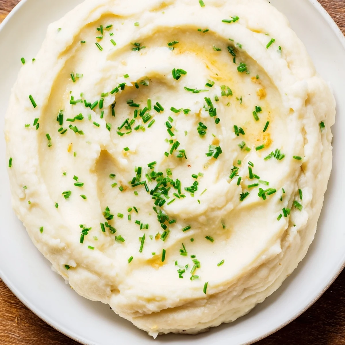 A bowl of roasted garlic mashed cauliflower with a swirl of butter, perfect for a vegetarian American dinner.