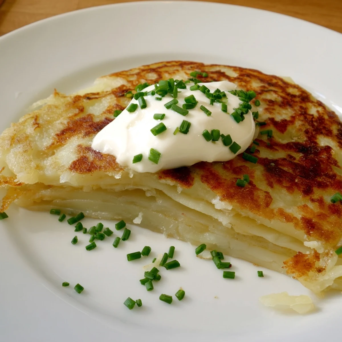 Golden-brown Irish Boxty with Sour Cream, crisp-edged potato pancakes topped with a dollop of tangy sour cream and fresh chives.