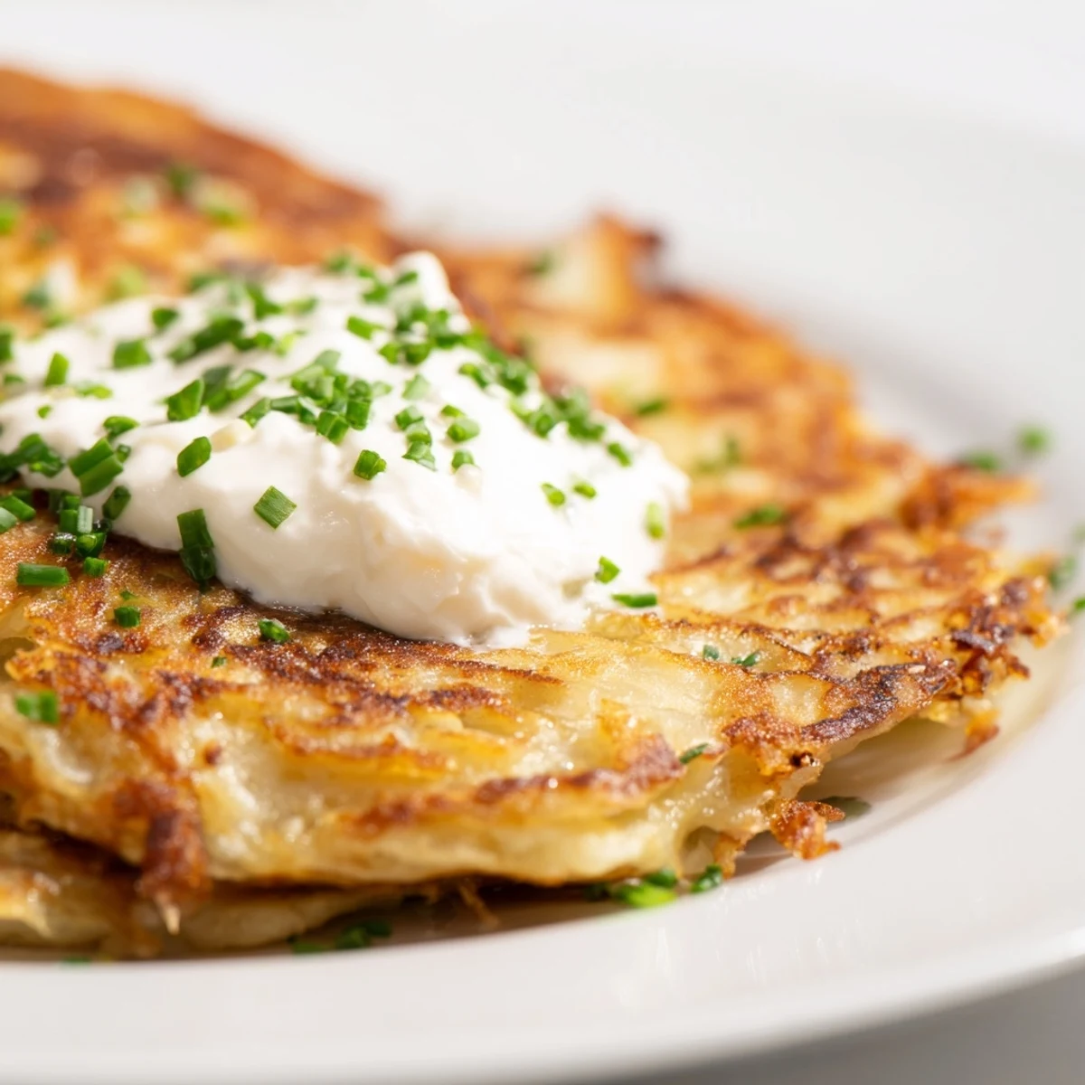 Homemade Irish Boxty with Sour Cream served on a green platter, garnished with chives and ready for a St. Patrick's Day feast.