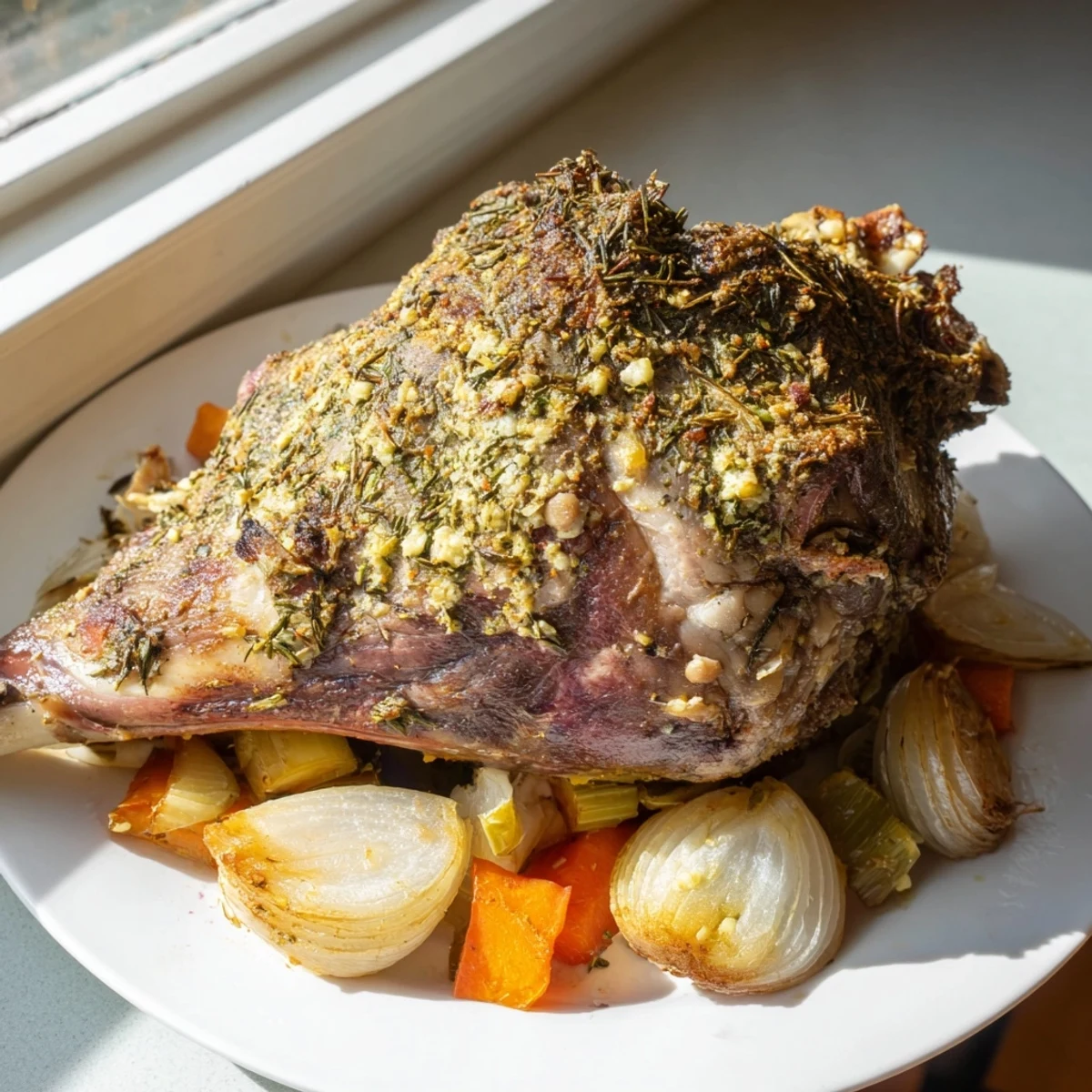 Roasted Lamb Shoulder with Herbs plated with a glass of red wine and roasted potatoes on a rustic table.