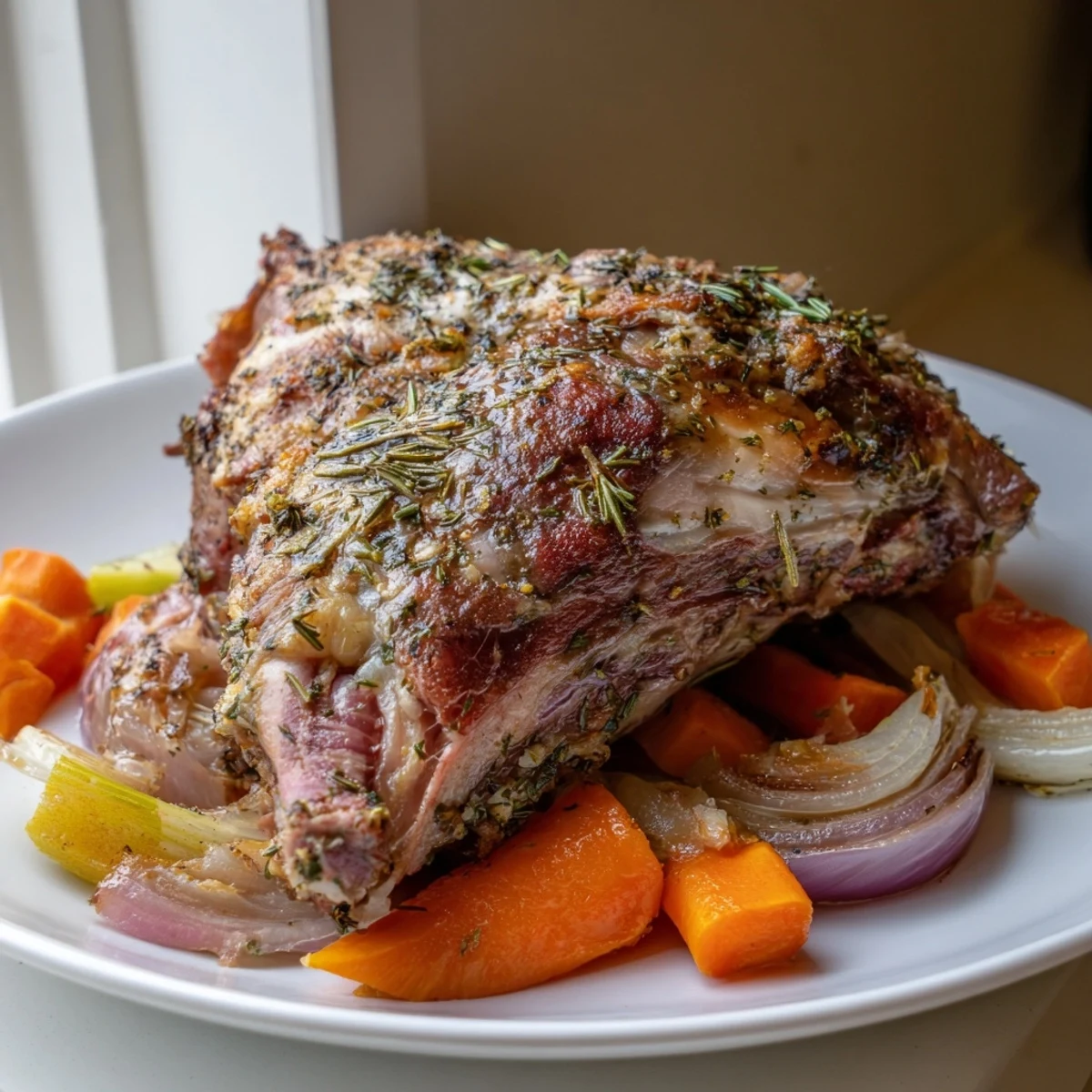 Sliced Roasted Lamb Shoulder with Herbs served on a platter surrounded by caramelized carrots, onions, and rosemary sprigs.