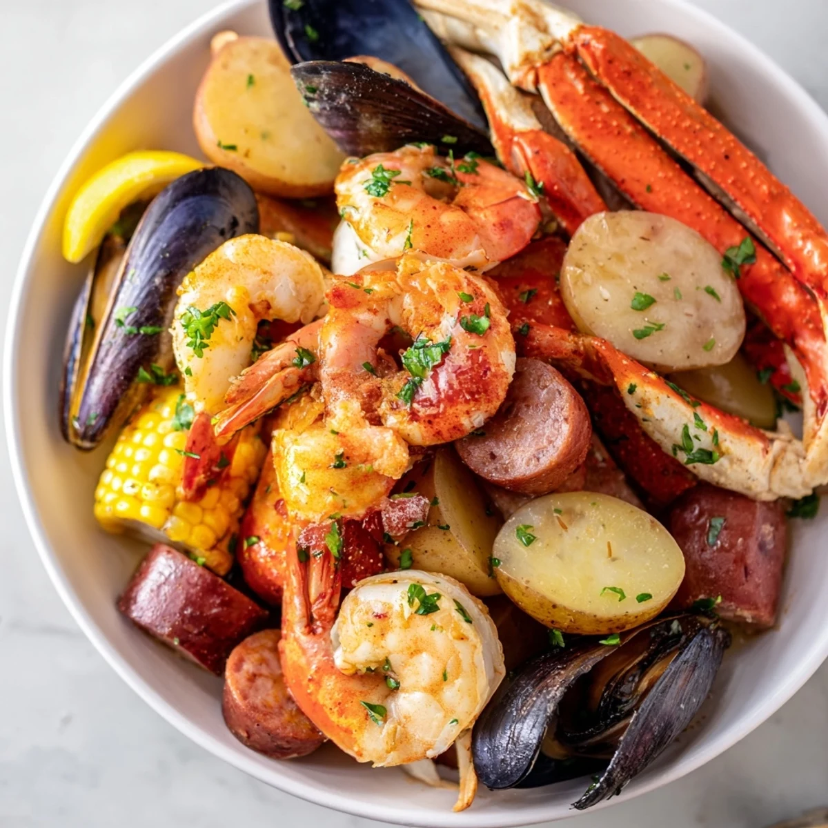 Steaming Cajun Seafood Boil with Corn spills over a newspaper-lined table, featuring shrimp, crab, and spicy andouille.